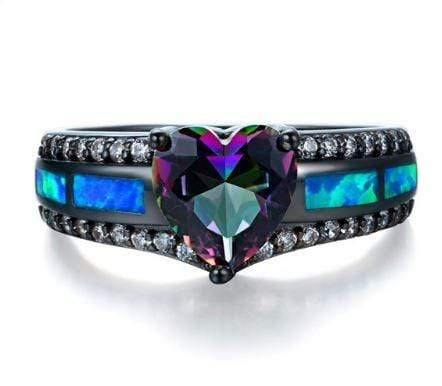 homeandgadget Blue opal muticolor / 10 Beautiful Black Plated Opal Heart Ring