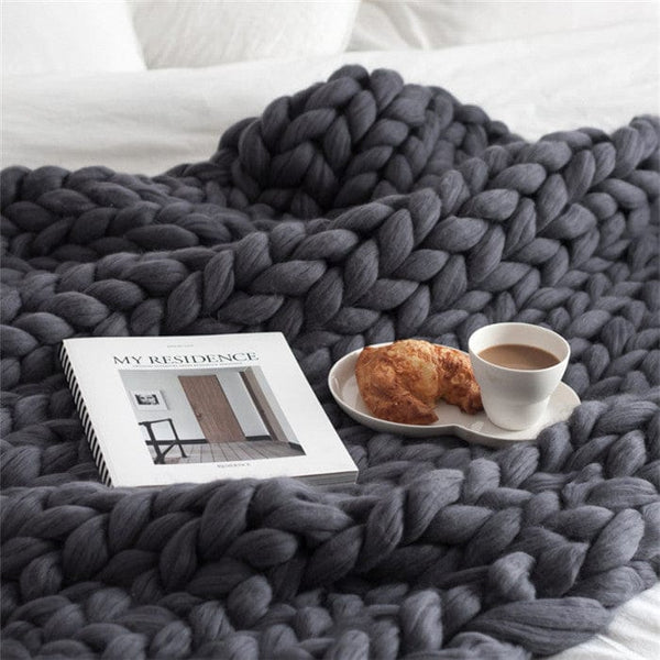 homeandgadget Home 24x24in / Dark grey Merino Wool hand-woven Chunky knit Blanket