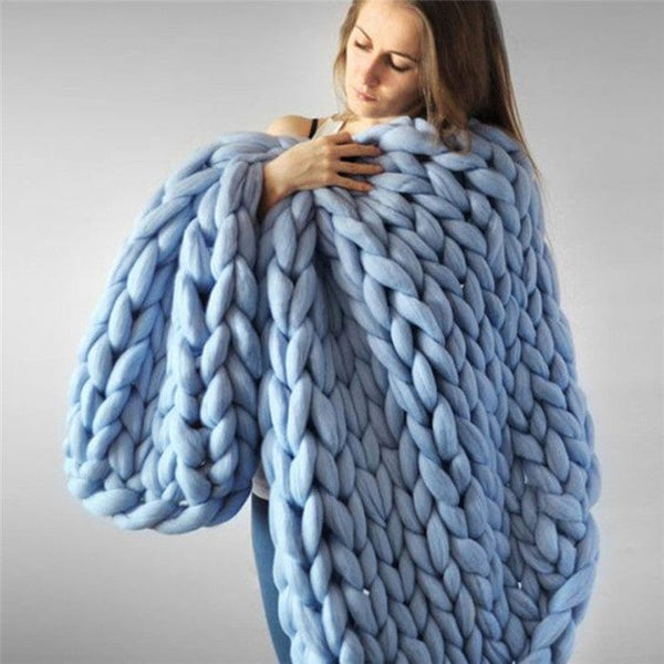 homeandgadget Home 19x19in / Sky blue Merino Wool hand-woven Chunky knit Blanket